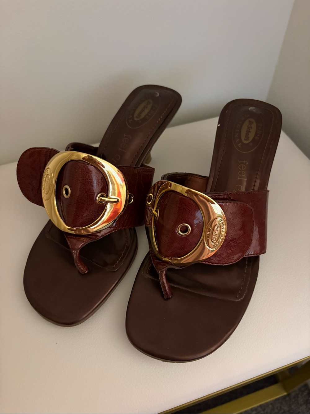 Dr. Scholl's Brown Leather Thong Sandals with Gold Buckle Accents